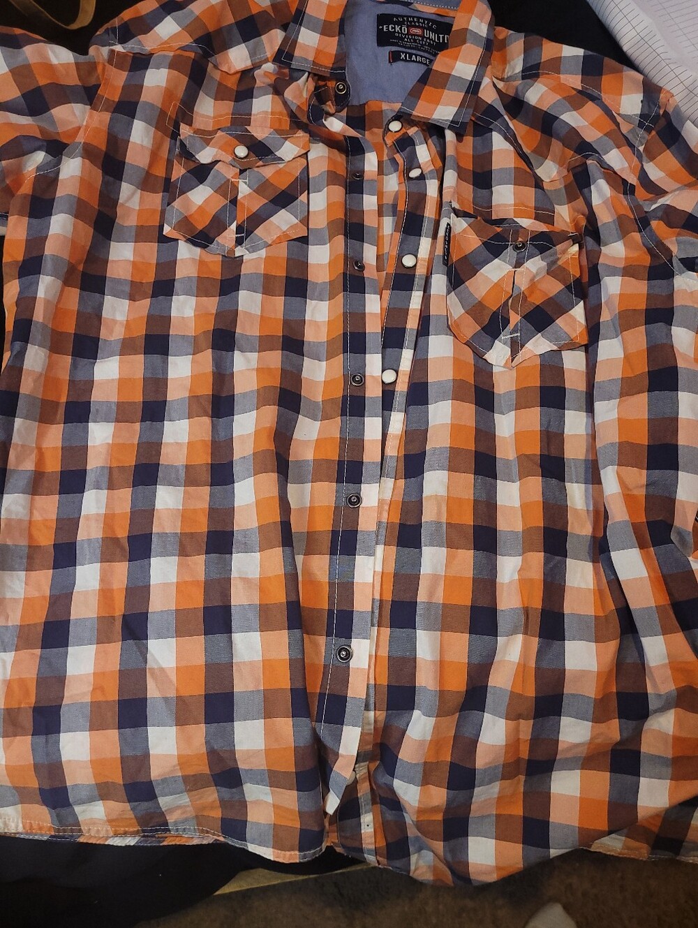 Ecko Unlimited Men's Orange Navy and White Plaid Button-Down Shirt Size XLarge